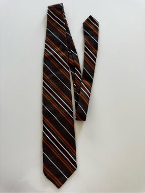 Vintage 1970s-80s Brown Orange White Diagonal Stripe Polyester Tie
